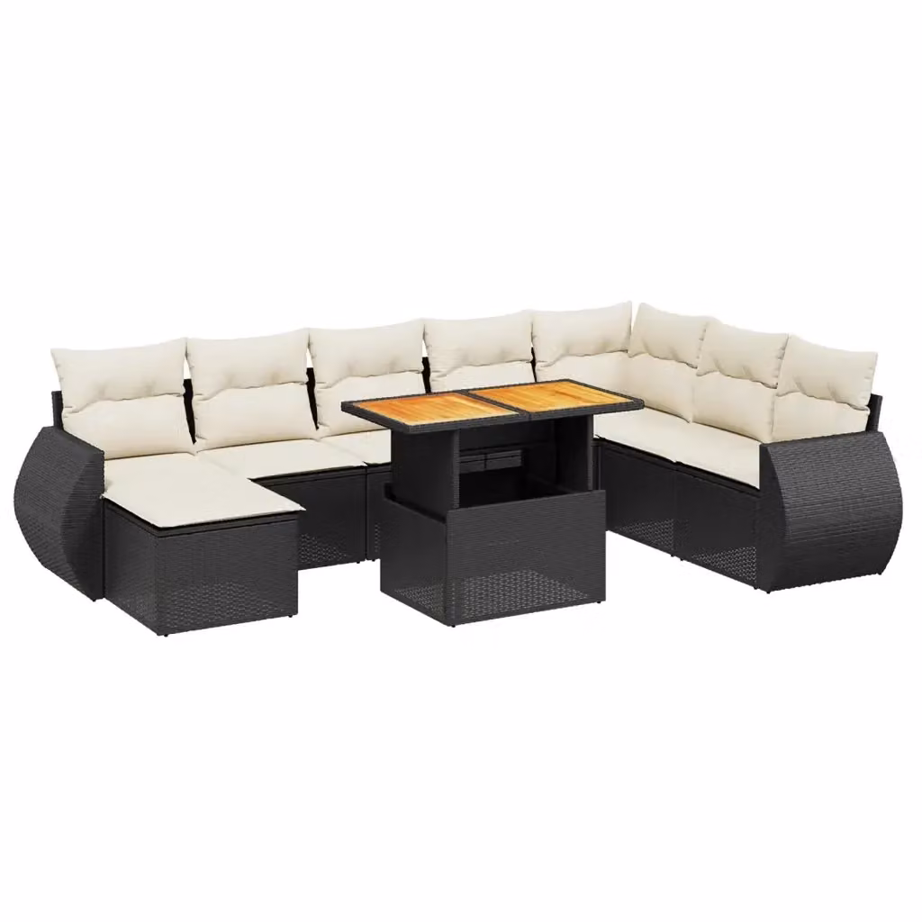 vidaXL Set Divani da Giardino a L 9 pz in Polyrattan Nero con Cuscini e Tavolino da Esterno – 2