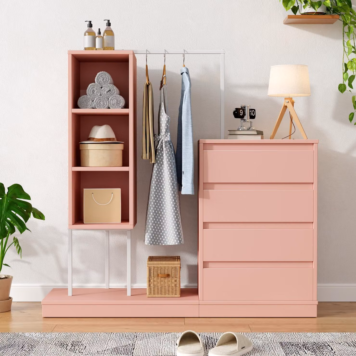 Armadio 140x40x135 cm con asta appendiabiti, 4 cassetti e 3 ripiani aperti, bianco e rosa, realizzato in pannello di particelle di legno (MDF) al 100%, con dettagli in metallo, ideale per la camera da letto
