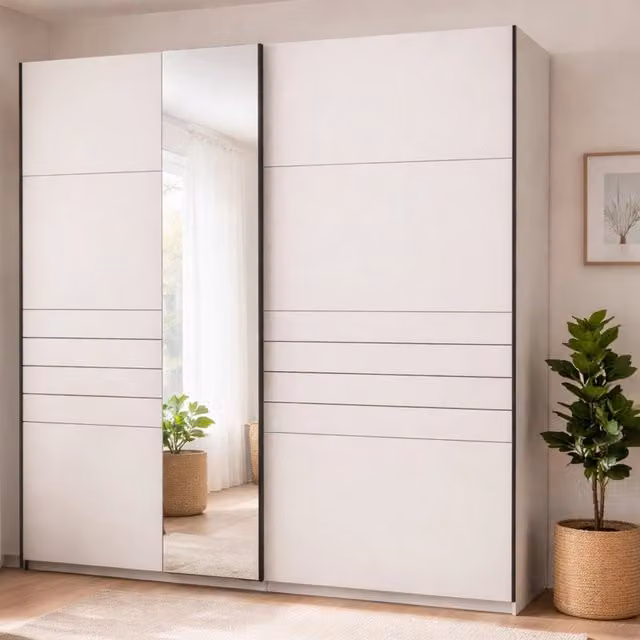 Armadio da camera da letto DMORA con ante scorrevoli, design moderno, Bianco Opaco, L: 245 cm, H: 217,5 cm