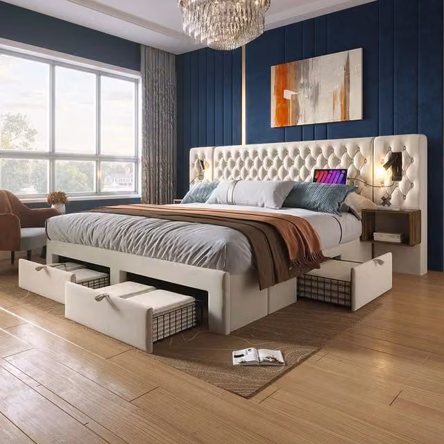 Letto con contenitore - Xylo - 160x200 cm - Beige - 2 comodini, 4 cassetti, USB