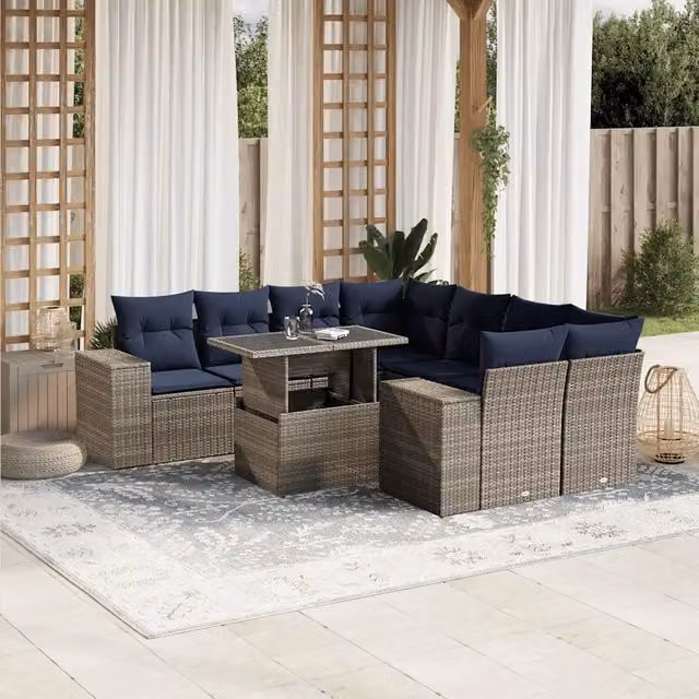 Set di Divani da Giardino a L vidaXL in Polyrattan con Tavolino e Cuscini, Grigio e Blu – 1