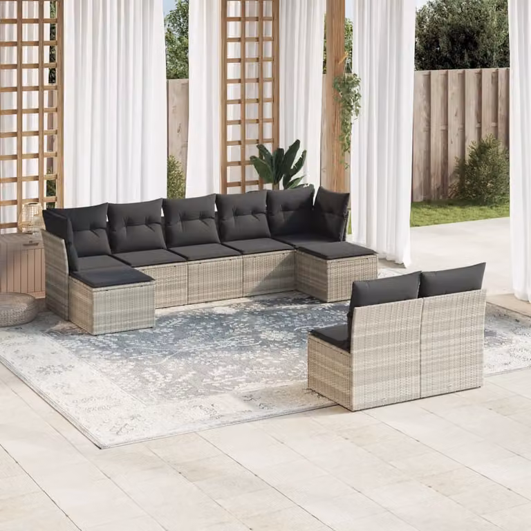 Set Divano da Giardino vidaXL in Polyrattan Grigio con 9 Pezzi e Cuscini Imbottiti
