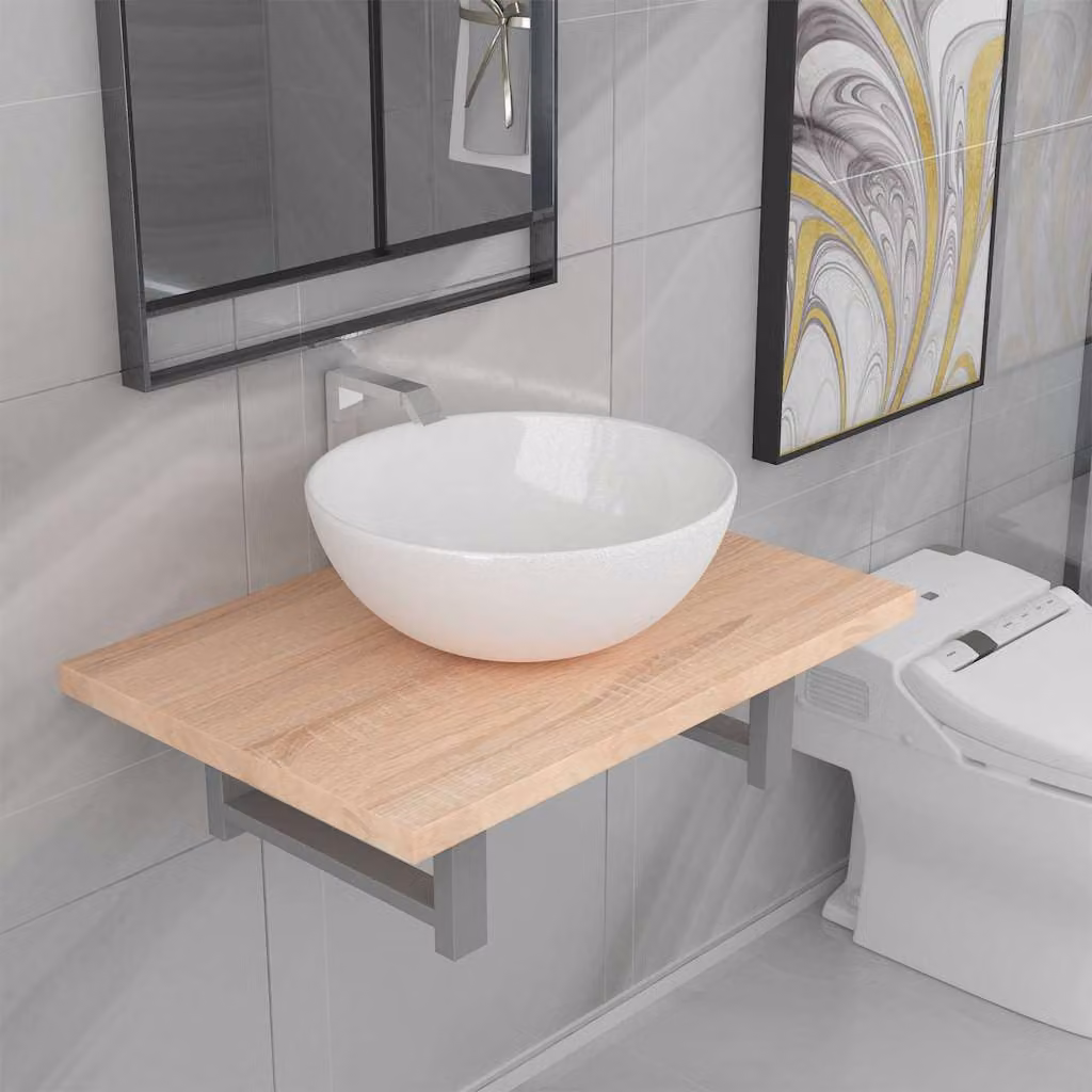 Set di mobili da bagno vidaXL in 2 pezzi con mobile lavabo e pensile in ceramica e legno rovere, design moderno bianco e marrone