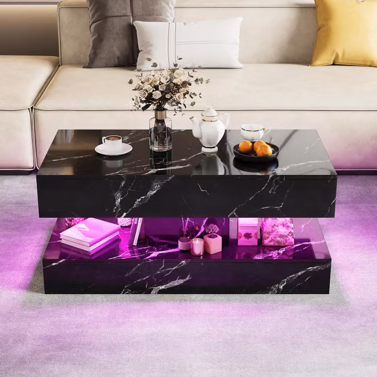 Tavolino UnboxG, dimensioni 100x50 cm, nero con effetto marmo, dotato di luci LED RGB, 2 cassetti, un vano aperto e una superficie lucida
