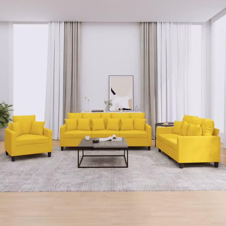 Set di divani da soggiorno vidaXL in tessuto giallo con cuscini, composto da un divano a 3 posti e un divano a 2 posti con struttura in metallo e MDF