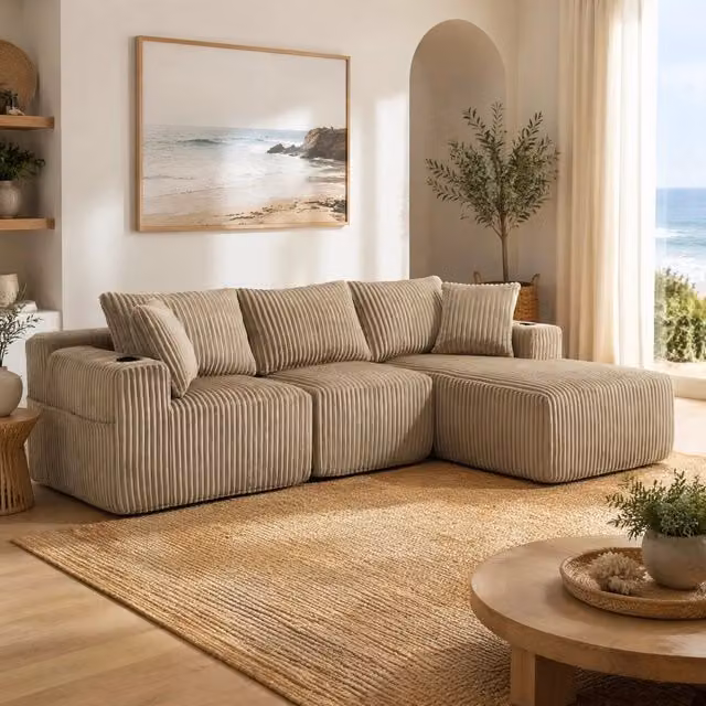 Divano modulare L-shape Mivray in velluto a coste verde e beige con chaise longue, 5 cuscini, tasche laterali e portabicchieri L/P/H: 257 x 154,3 x 90 cm