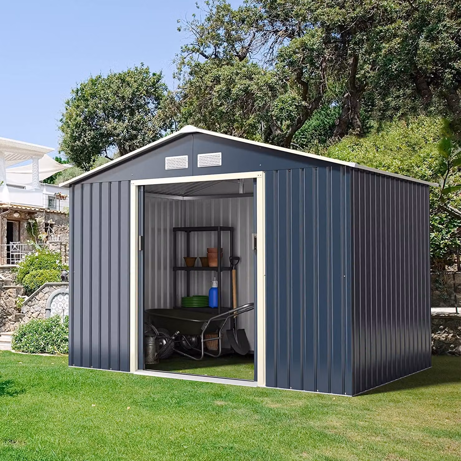 Capanno per attrezzi COSTWAY in metallo 277x191x202cm, capanno per attrezzi con serratura, capanno da giardino con 4 prese d'aria e porta scorrevole