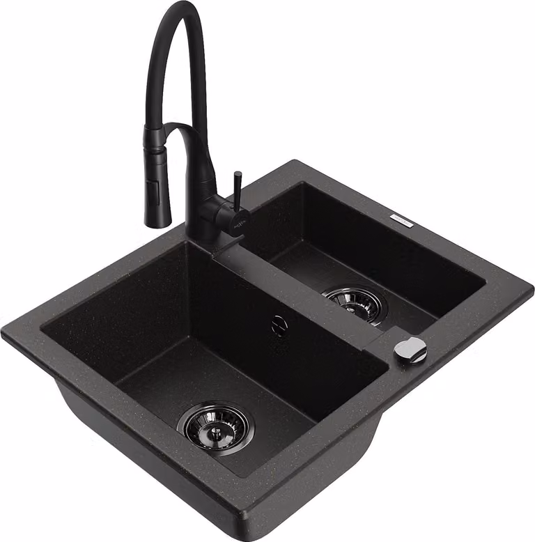 Mexen Carlos lavello in granito 1,5 vasca con rubinetto da cucina Aster, nero/oro metallizzato - 6518-75-73450-70-B