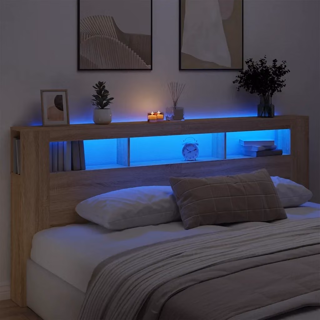 Testata LED Design In Rovere Sonoma in Legno Multistrato con Mensola e Porta USB, L 220 cm x P 18,5 cm x H 103,5 cm – 2