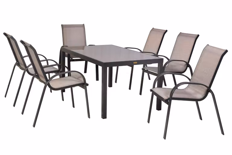 Set di mobili da giardino Merxx Amalfi marrone diamante 7 pezzi, 6 sedie impilabili, 1 tavolo 150 x 90 cm - alluminio/tessuto