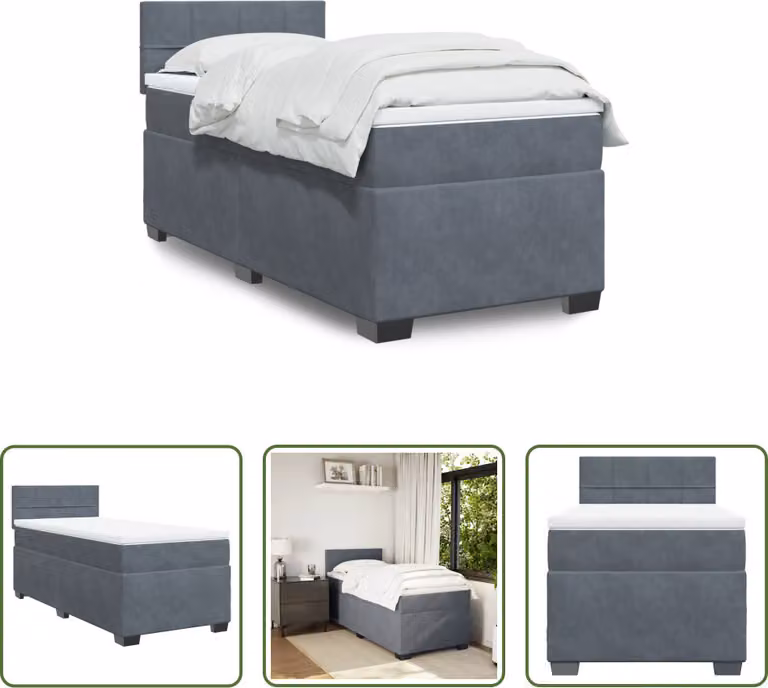 The Living Store Letto a molle con materasso grigio scuro 90x190 cm in velluto