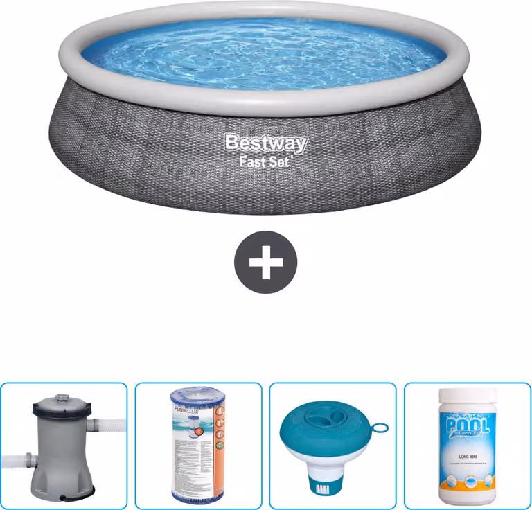 Bestway set gonfiabile rotondo veloce piscina - stampa rattan - 457 x 84 cm - incluso pompa filtro - galleggiante cloro - cloro