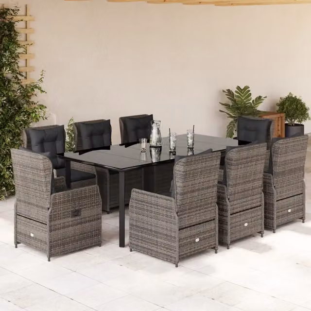 Set da pranzo da giardino vidaXL in polyrattan e vetro con 9 pezzi, colore grigio e nero