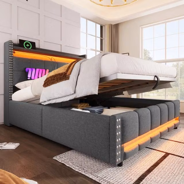 Letto matrimoniale imbottito con contenitore e testiera con ripiani, illuminazione LED e porta USB, grigio, L/P: 140 x 200 cm