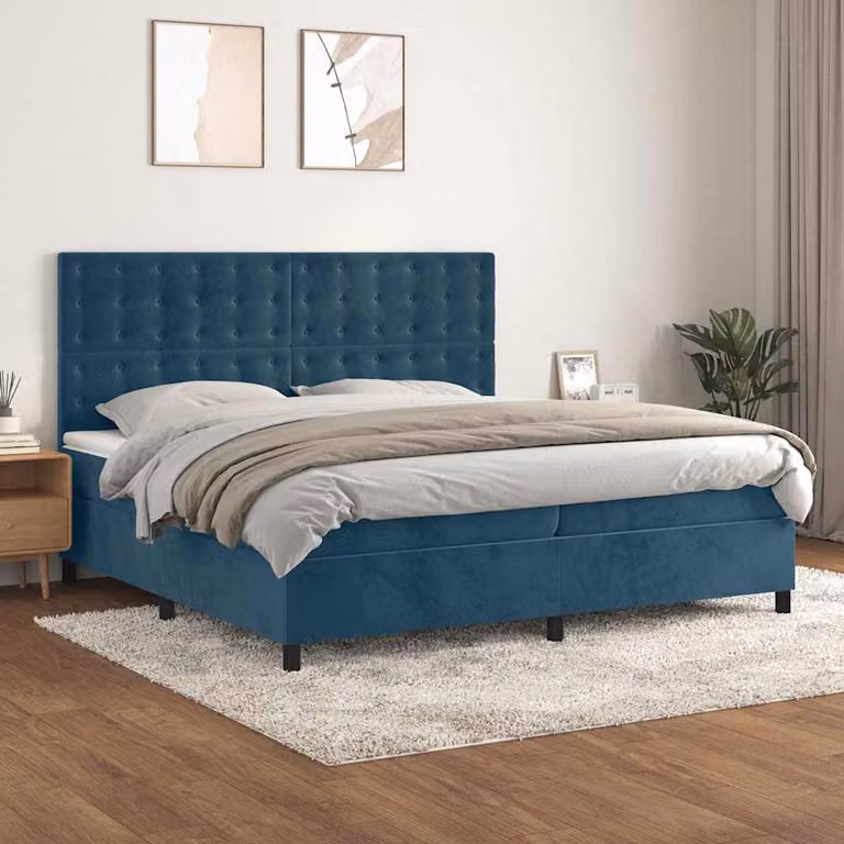 Letto con Giroletto a Molle e Materasso Ibrido vidaXL in Velluto Blu Scuro L/P/H: 200 x 200 x 203 cm