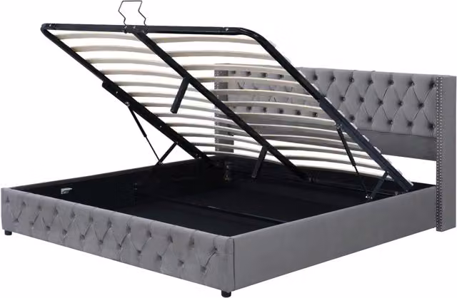Letto matrimoniale grigio 140x190 cm con contenitore idraulico e testiera capitonnè in flanella
