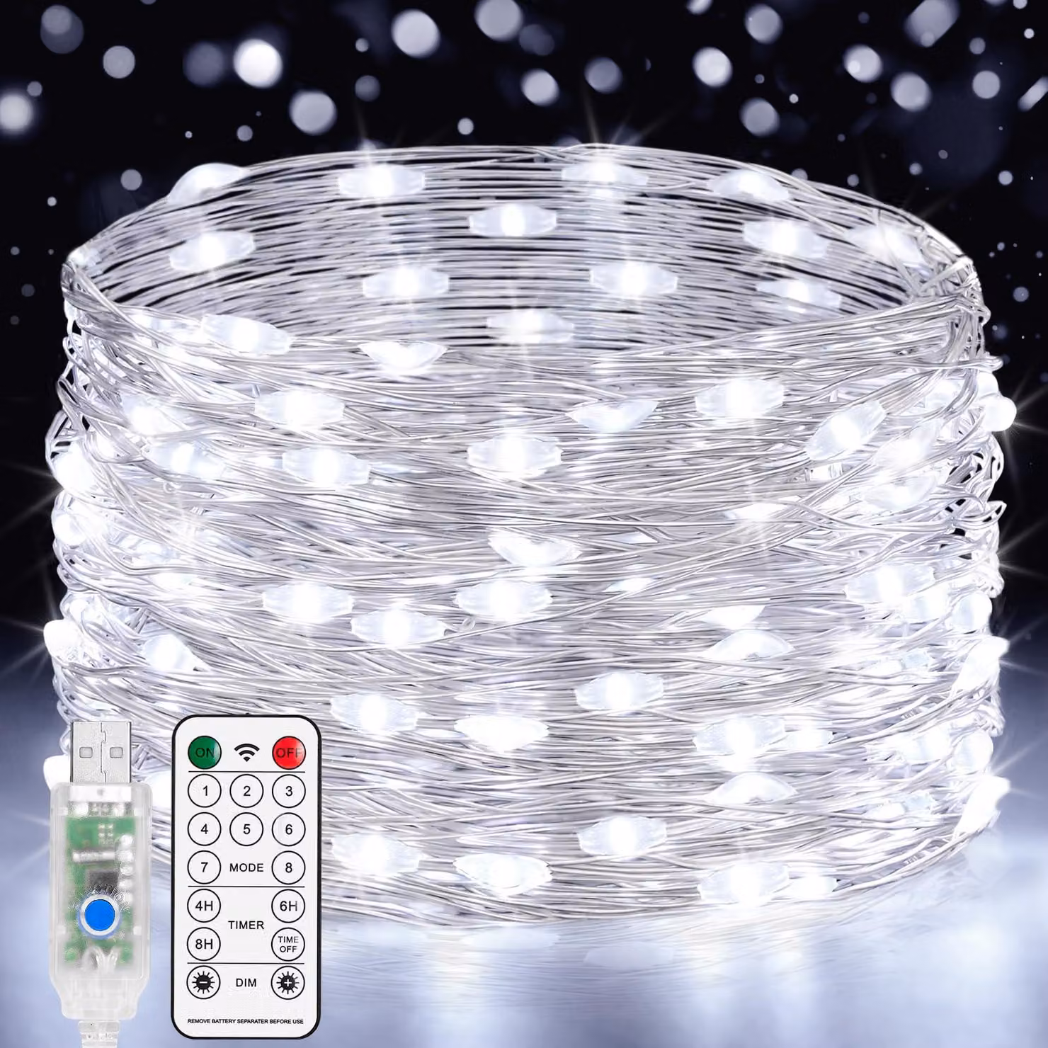 Catena luminosa a LED, 15 metri, 150 LED, alimentazione USB, telecomando, grado di protezione IP65, luce bianca fredda