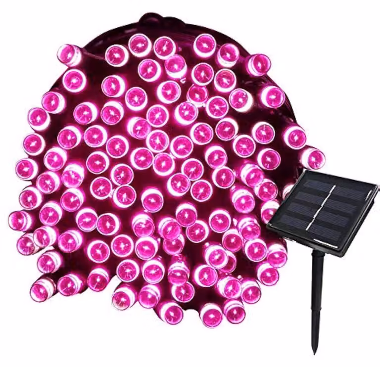 Catena luminosa solare da 22 metri, 200 LED, 8 modalità, impermeabile, colore rosa