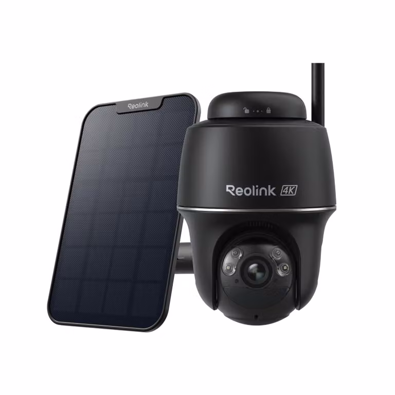 Reolink Argus PT Ultra + Pannello Solare, Telecamera di sicurezza esterna wireless 4K 8MP a batteria, Wi-Fi 2,4/5GHz, Funzione di inseguimento automatico, Visione notturna a colori, Rilevamento intelligente, Colore nero