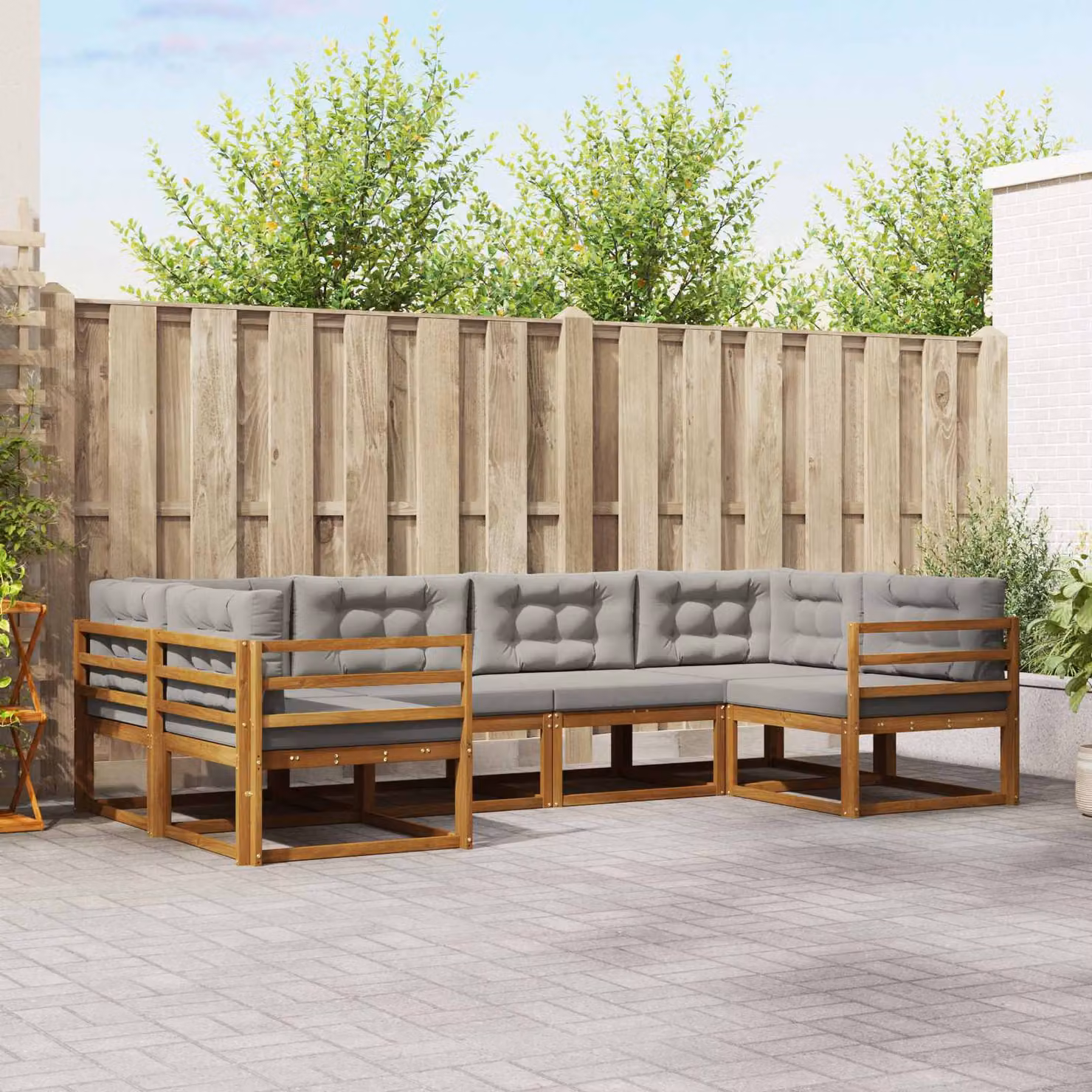 Set di divani da esterno vidaXL a forma di L composto da 6 pezzi in legno di acacia con cuscini inclusi, colore grigio e marrone