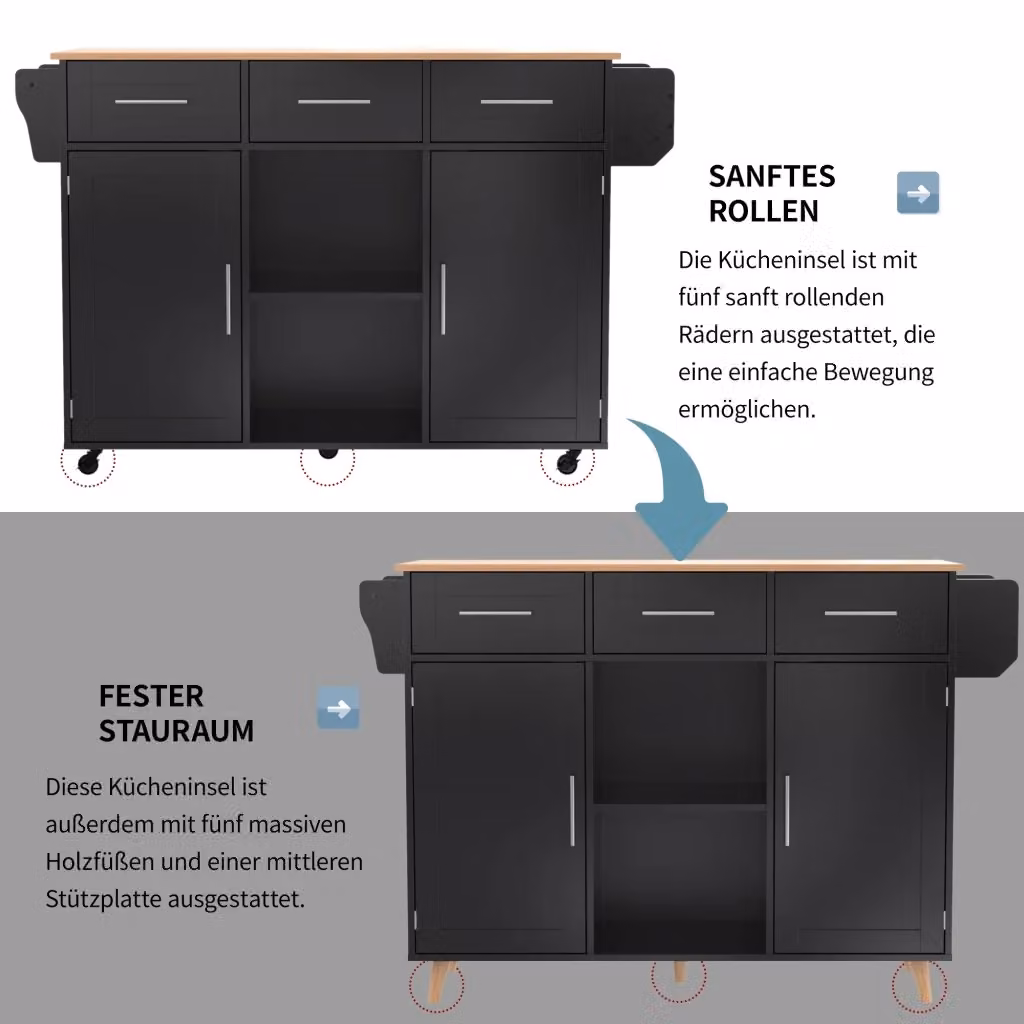Carrello da cucina REDOM con piano ribaltabile in MDF, Nero e Naturale, L: 139 cm, P: 46 cm, H: 91,5 cm – 2