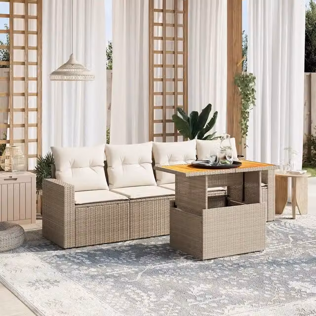 Set Divano da Giardino Moderno VIDAXL in Polyrattan con 5 Cuscini Beige – 1