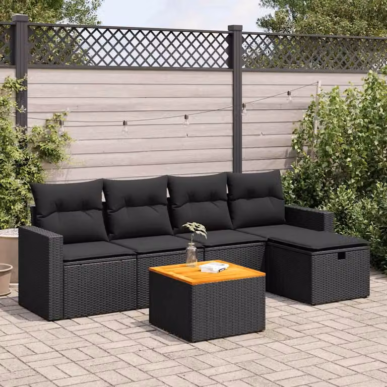 Set Divano da Giardino vidaXL 6 pz in Polyrattan e Legno di Acacia Oliato, Nero