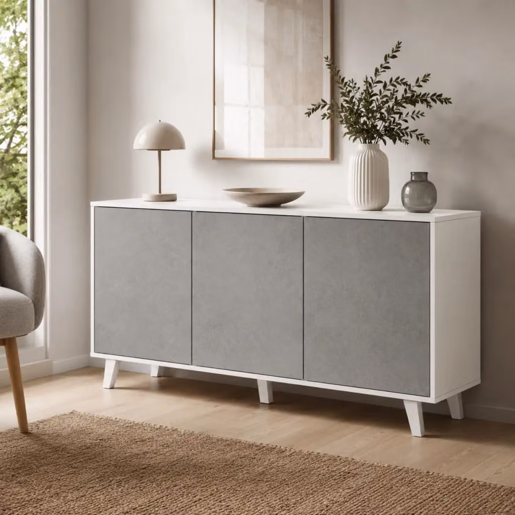 Credenza Gijòn Arreditaly con 3 ante battenti senza maniglie in melaminico per soggiorno e sala da pranzo, Bianco e Grigio Cemento, L: 154 cm, P: 41 cm, H: 75 cm – 2