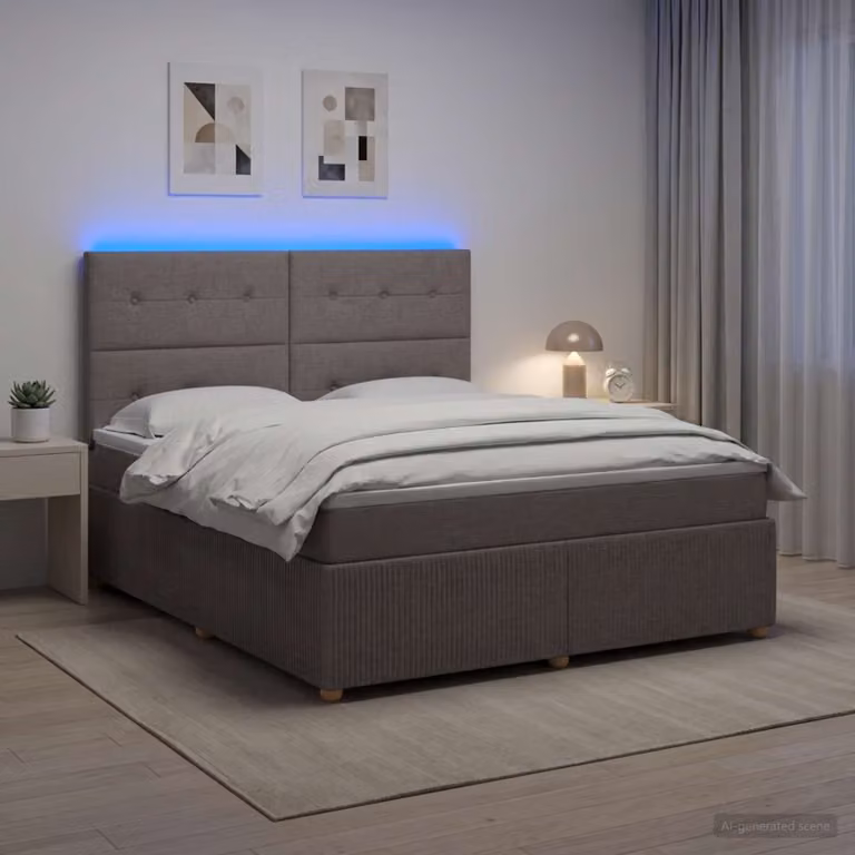 Letto Box Spring vidaXL con Materasso Ibrido e Illuminazione LED, Colore Tortora, L/P/H: 140 x 200 x 144 cm