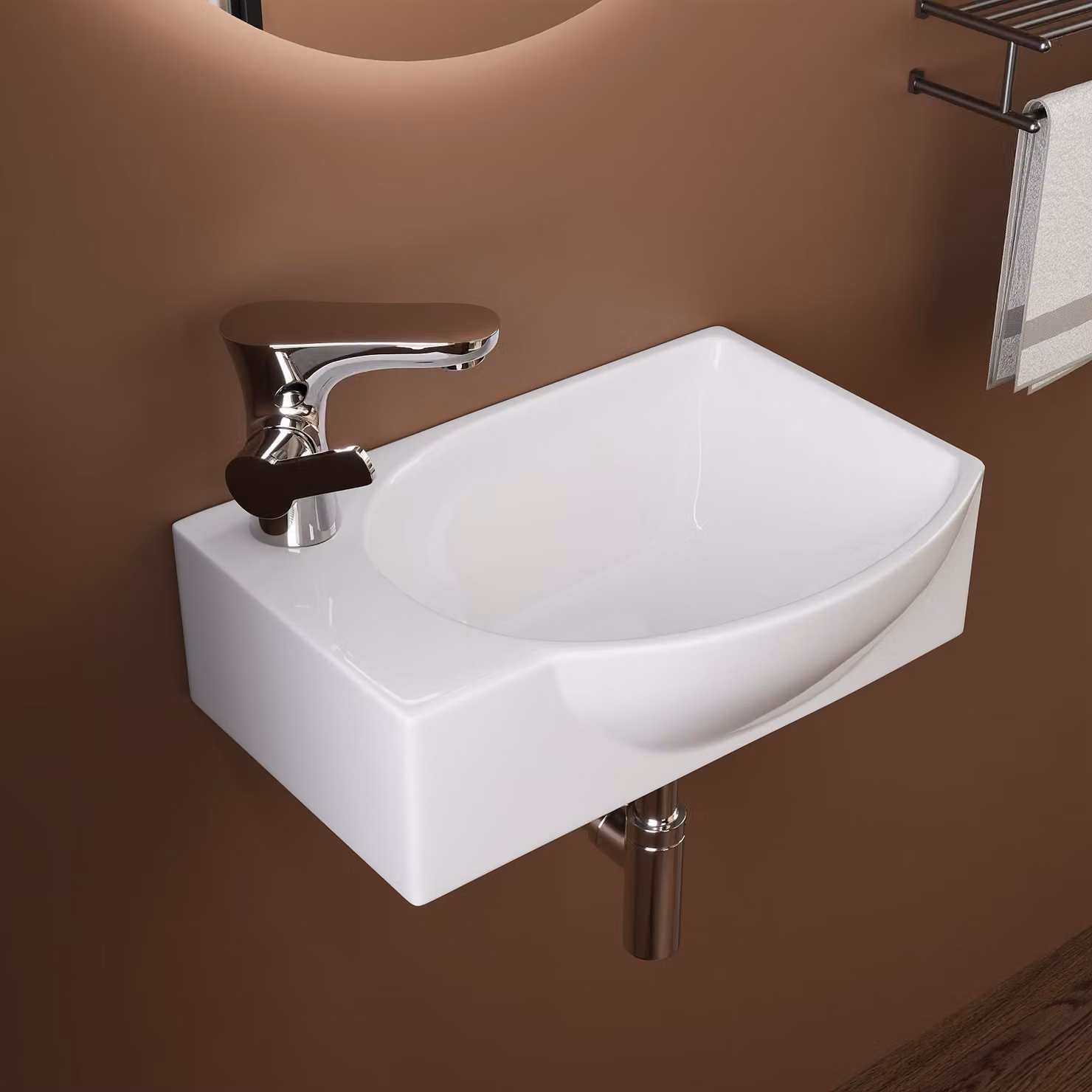 DeerValley lavabo piccolo bianco - Mini lavabo a parete in Vetroceramica 305×240 mm con maggiore spazio utilizzabile, lavabo a destra e foro per rubinetto a sinistra
