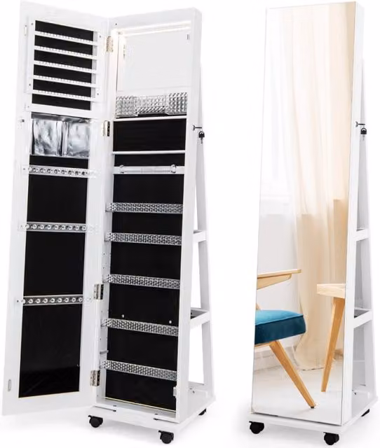 Armadio portagioie bloccabile con specchio trucco luci LED a 3 colori ripiani regolabili-Armadietto portagioie Bianco