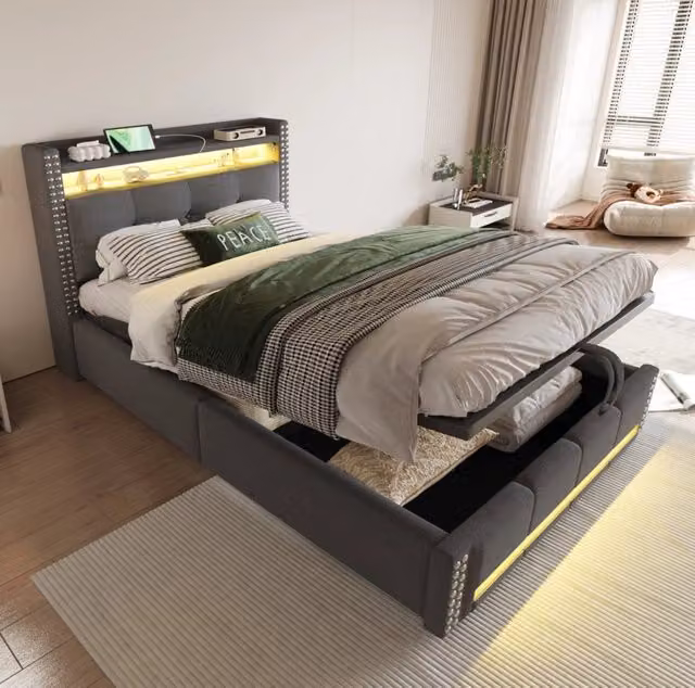 Letto singolo imbottito 90x200 grigio con LED, USB e vano contenitore