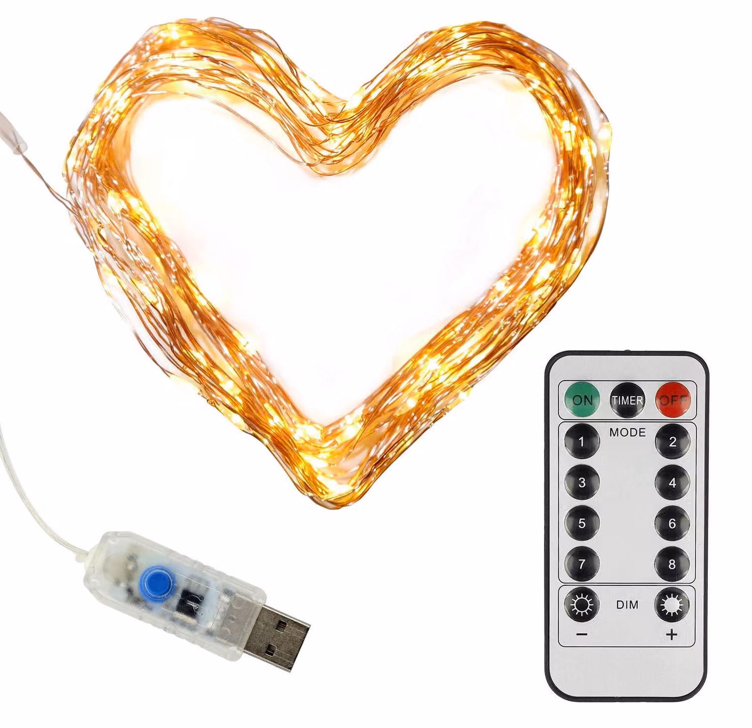 Catena luminosa LED mini, 100 LED bianco caldo, 10 metri, filo di rame, alimentazione USB, con dimmer