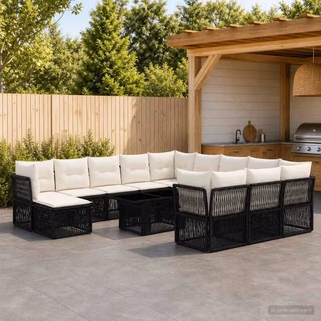 Set Divano da Giardino vidaXL a forma a U in Polyrattan Nero con Cuscini e Tavolino da Esterno