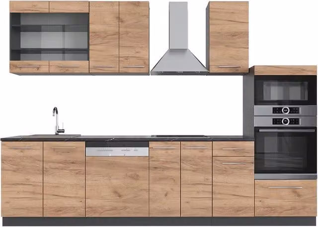 Cucina componibile Vicco Fame-Line Rovere dorato e Antracite, L: 300 cm, con armadio alto e senza piano di lavoro