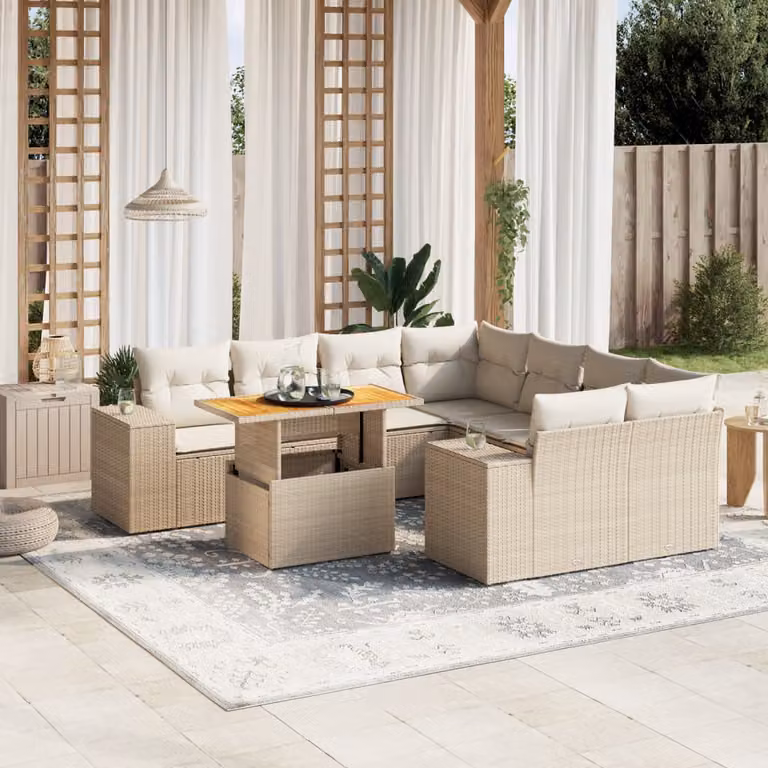 vidaXL Set Divano da Giardino 9 pz a Forma di L in Polyrattan Beige con Cuscini e Tavolino da Esterno