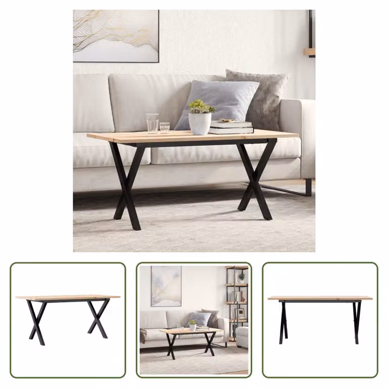 The Living Store tavolino X-frame 100x50x45 cm in pino massiccio e ghisa