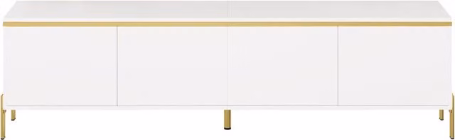 Mobile TV moderno bianco lucido con quattro ante, bordo dorato e fori passacavi, 170x38x50 cm