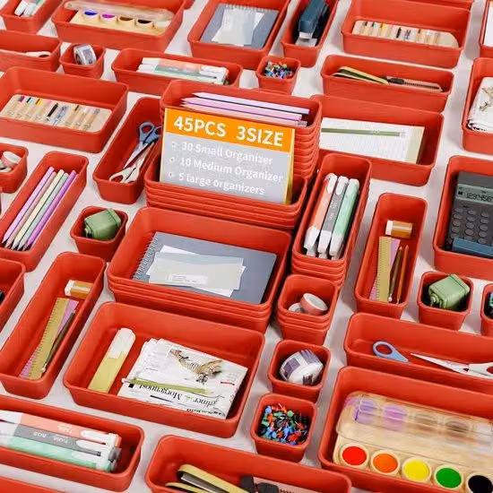 Sistema di organizzazione dei cassetti da 45 pezzi per l'ufficio, disponibile in 3 misure; portacosmetici; organizer rosso per cassetti per camera da letto, bagno e ufficio