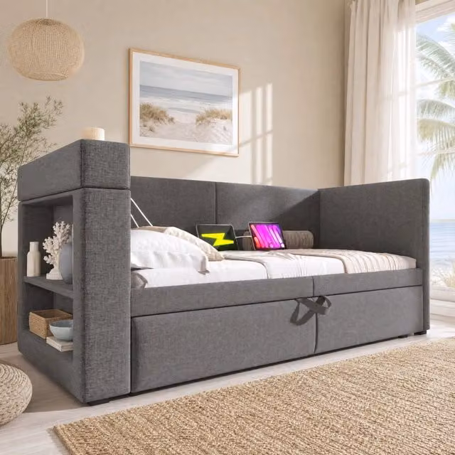 Divano letto estraibile 90x200 cm; grigio; in misto cotone e lino; con porte USB e Type-C