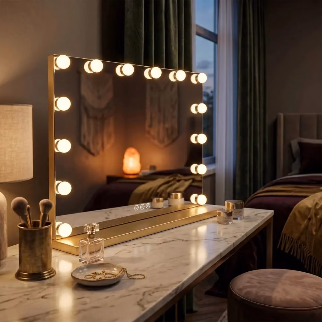 Specchio Hollywood con LED dimmabile e struttura in metallo color oro per uso da tavolo – 2