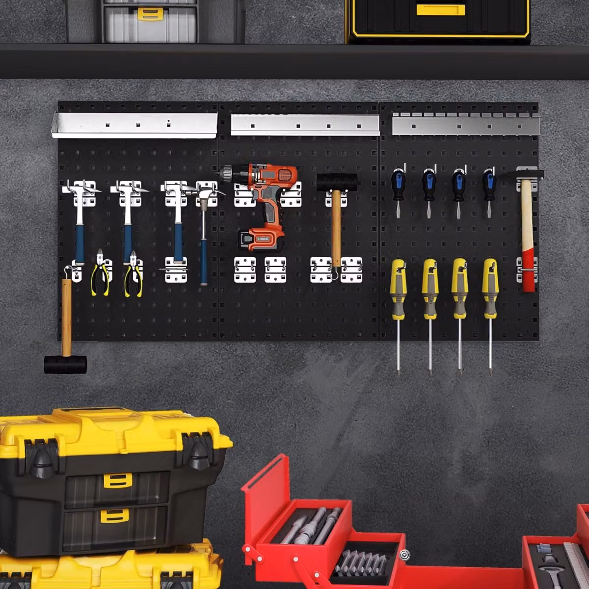 Kit pegboard da parete Costway con 3 pannelli in metallo e 28 accessori per organizzazione garage e laboratorio, Nero