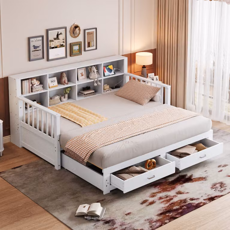 MODFU Divano letto 90/180x190 cm, letto per bambini, letto per studenti con letto estraibile, letto multifunzionale in pino, letto matrimoniale, con 2 cassetti e materasso, senza materasso, bianco