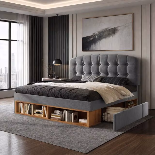 Letto imbottito 140x190 in velluto grigio con testiera regolabile e 3 cassetti