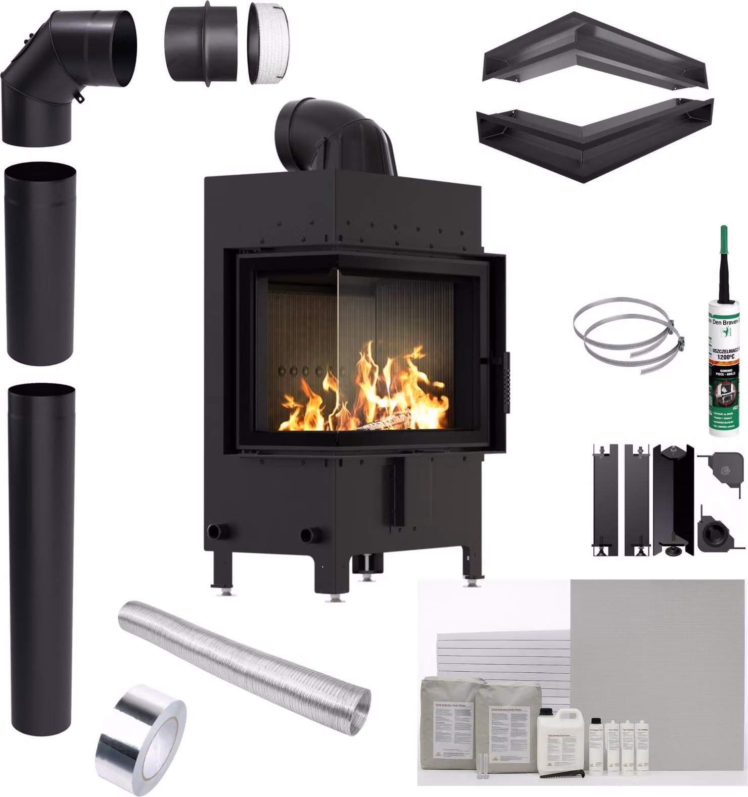 KRATKI LUCY inserto camino sinistro 12 kW Ø 200 NERO set da incasso