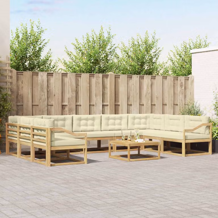 Set di divani da esterno vidaXL 10 pezzi in legno di acacia con tavolo da caffè e cuscini, Bianco e Beige