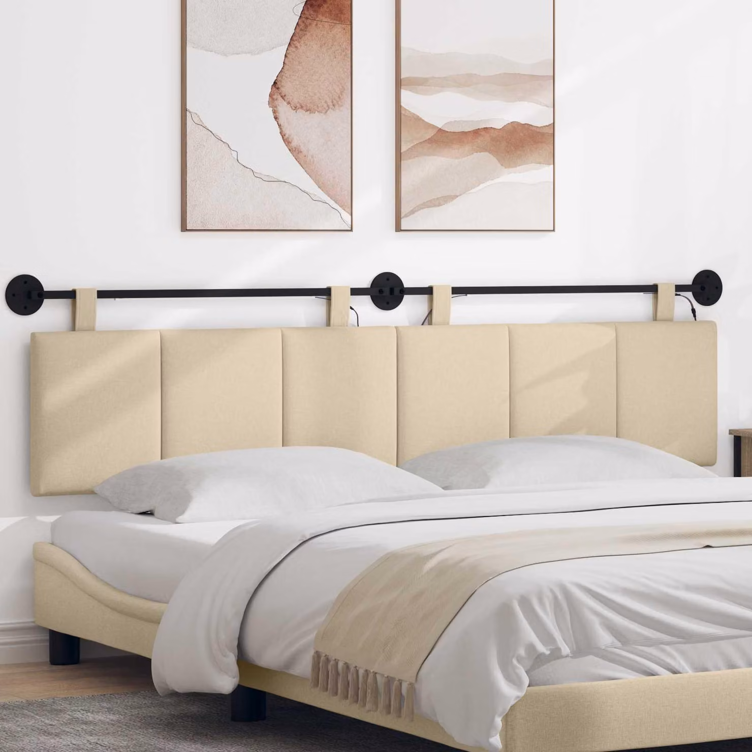 Testiera sospesa Con luce LED Crema Tessuto