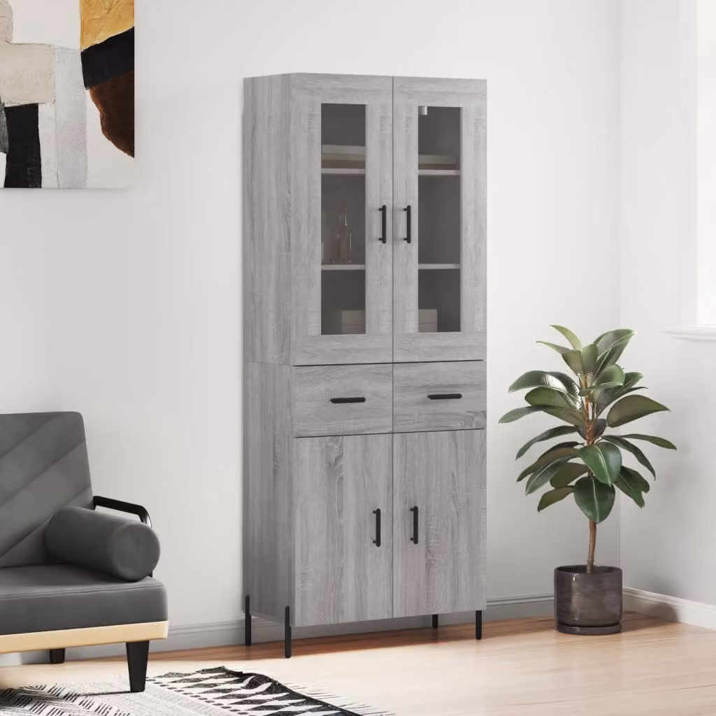 Credenza moderna vidaXL in legno e vetro, Grigio, L: 69,5 cm, P: 34,0 cm, H: 180,0 cm