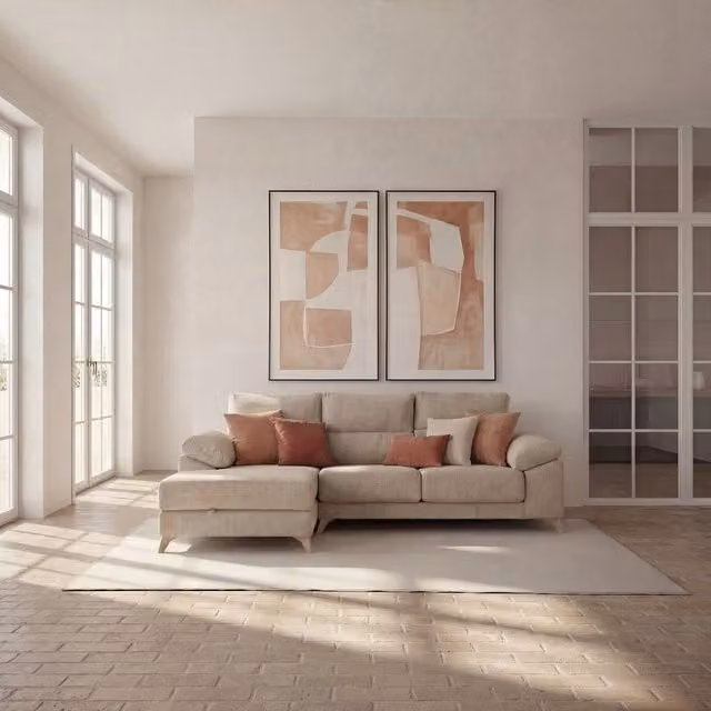 Divano angolare Banak Dandy a 4 posti con chaise longue sinistra, colore beige, stile scandinavo con vano contenitore e poggiatesta regolabile
