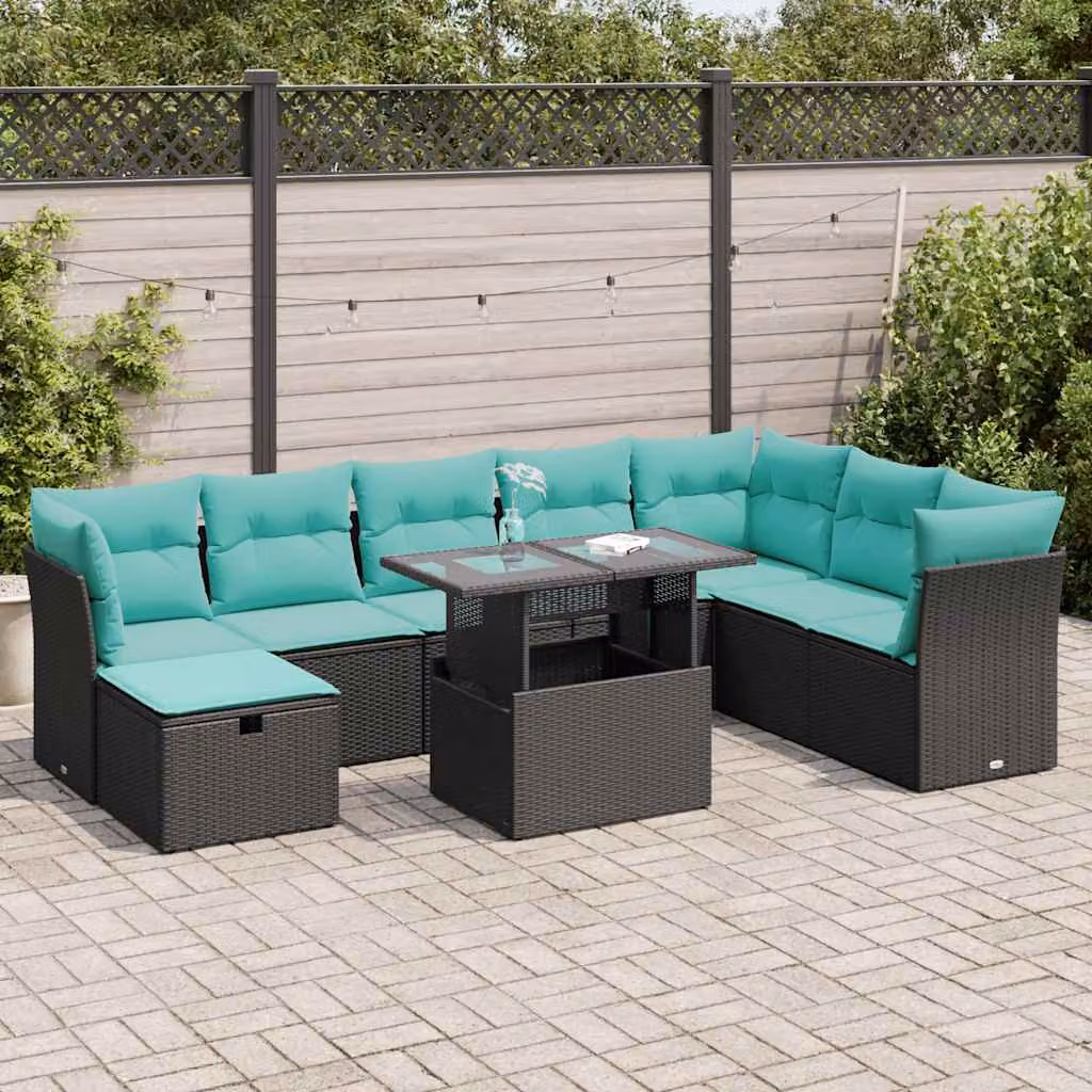 Set di divani da giardino vidaXL in 9 pezzi con cuscini, struttura in polyrattan e metallo, colore nero e blu, design moderno a forma di U per esterno